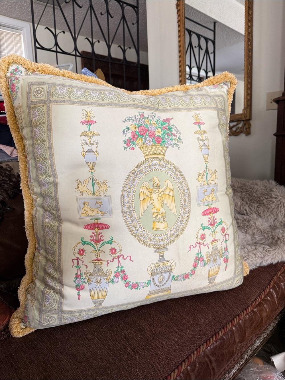 Versace Gold, Cream, Pink and Blue Decorative Pillow Cover